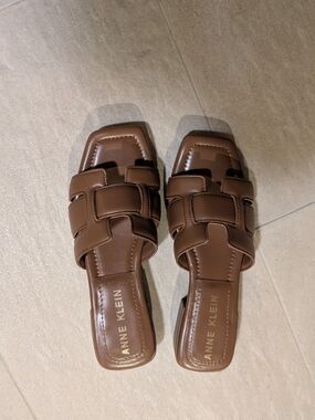 Anne Klein Brown Woven Leather Slide Sandals -7